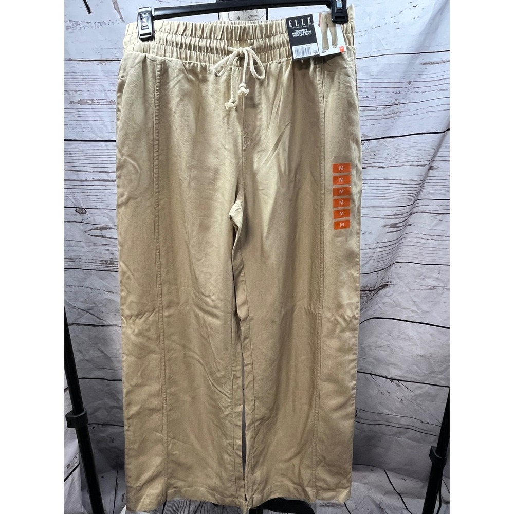 Elle‎ Womens Washed Denim Wide Leg Pant Pale Khaki Elastic Waist Drawstring M